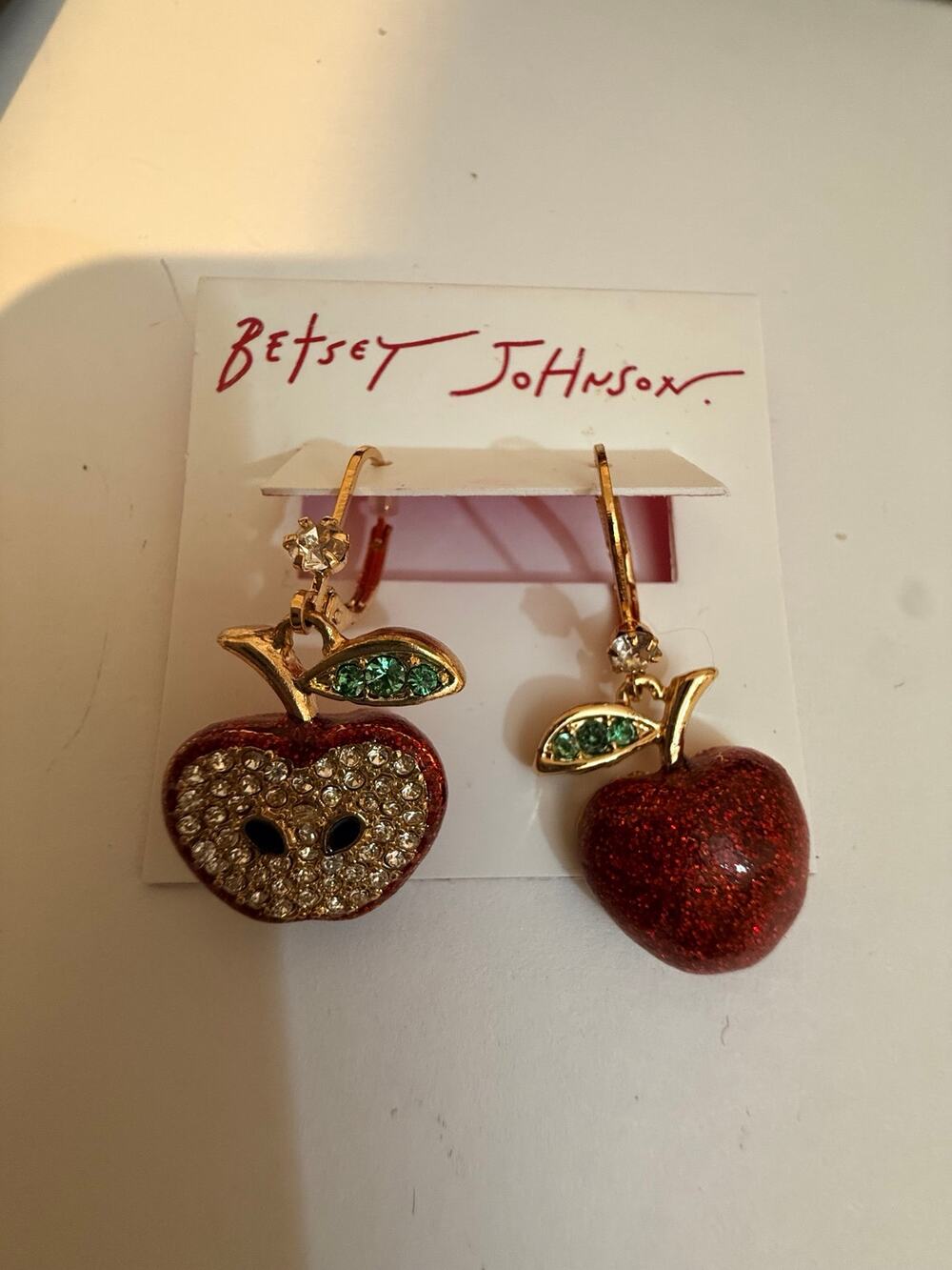 Betsey Johnson NWT Red Apple Rhinestone Drop Earrings